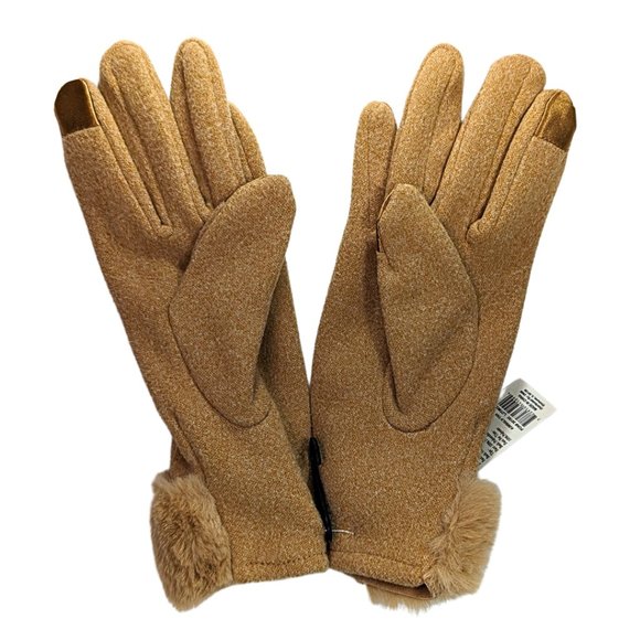 Jack & Missy NWT Gloves Super Soft Faux Fur Trim Camel Brown Text Phone Fingers - Picture 3 of 6